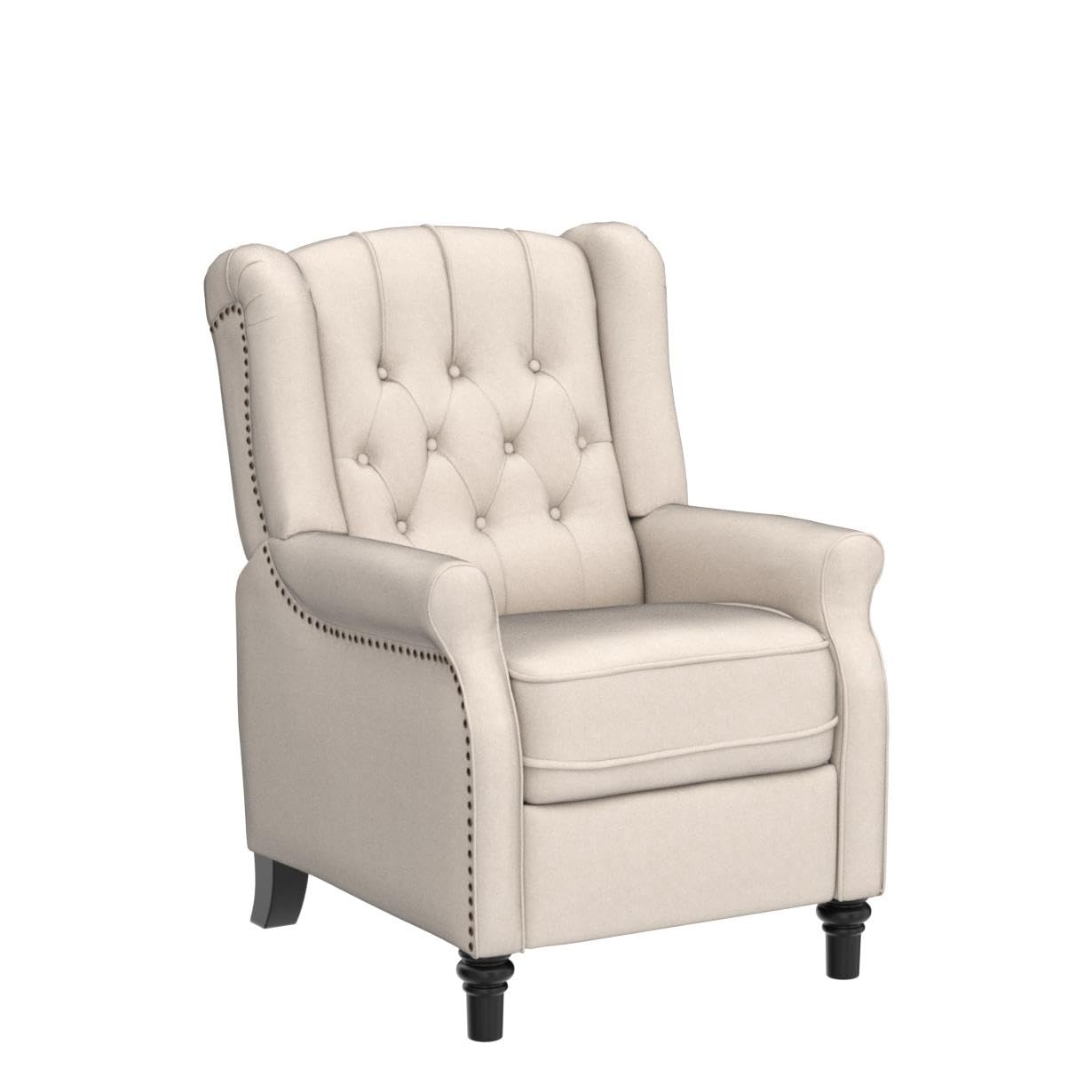 CANMOV Push Back Recliner Chair, Elizabeth Fabric Recliner Armchair with Wing Back, Padded Seat and Nailhead Trim, Tufted, Single Sofa Accent Chair, White