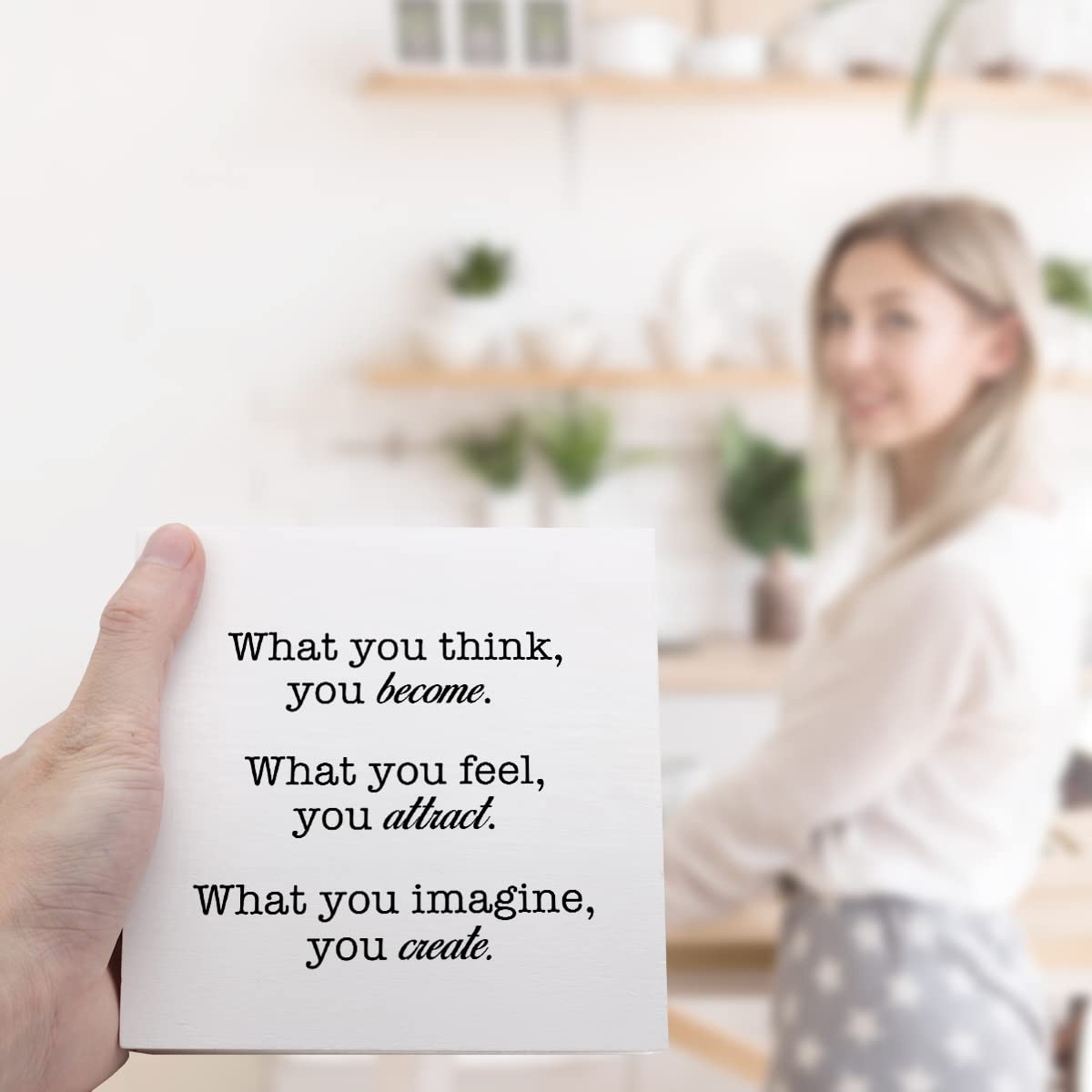 What You Think You Become What You Feel You Attract What You Imagine You Create Wooden Sign Desk Decor,Inspirational Positive Wood Block Sign Desk Decorations for Home Office Desk Shelf Table Decor