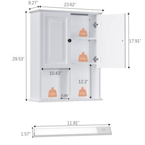 HAIOOU Bathroom Wall Cabinet with Motion Sensor LED Light, Wooden Medicine Cabinet Wall Mounted Cupboard, Over Toilet Storage Cabinet with Buffering Hinges and Adjustable Shelf - Modern White