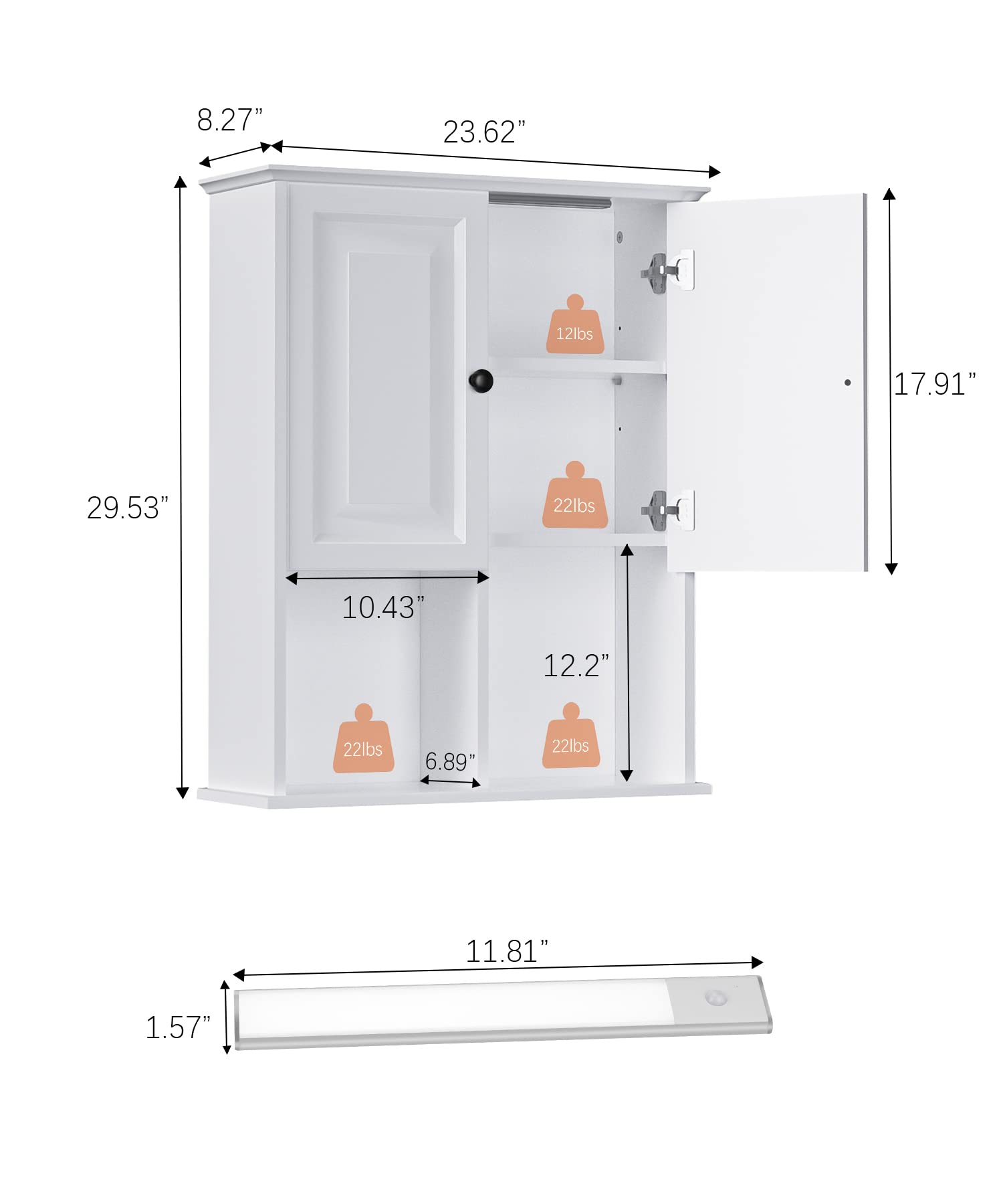 HAIOOU Bathroom Wall Cabinet with Motion Sensor LED Light, Wooden Medicine Cabinet Wall Mounted Cupboard, Over Toilet Storage Cabinet with Buffering Hinges and Adjustable Shelf - Modern White