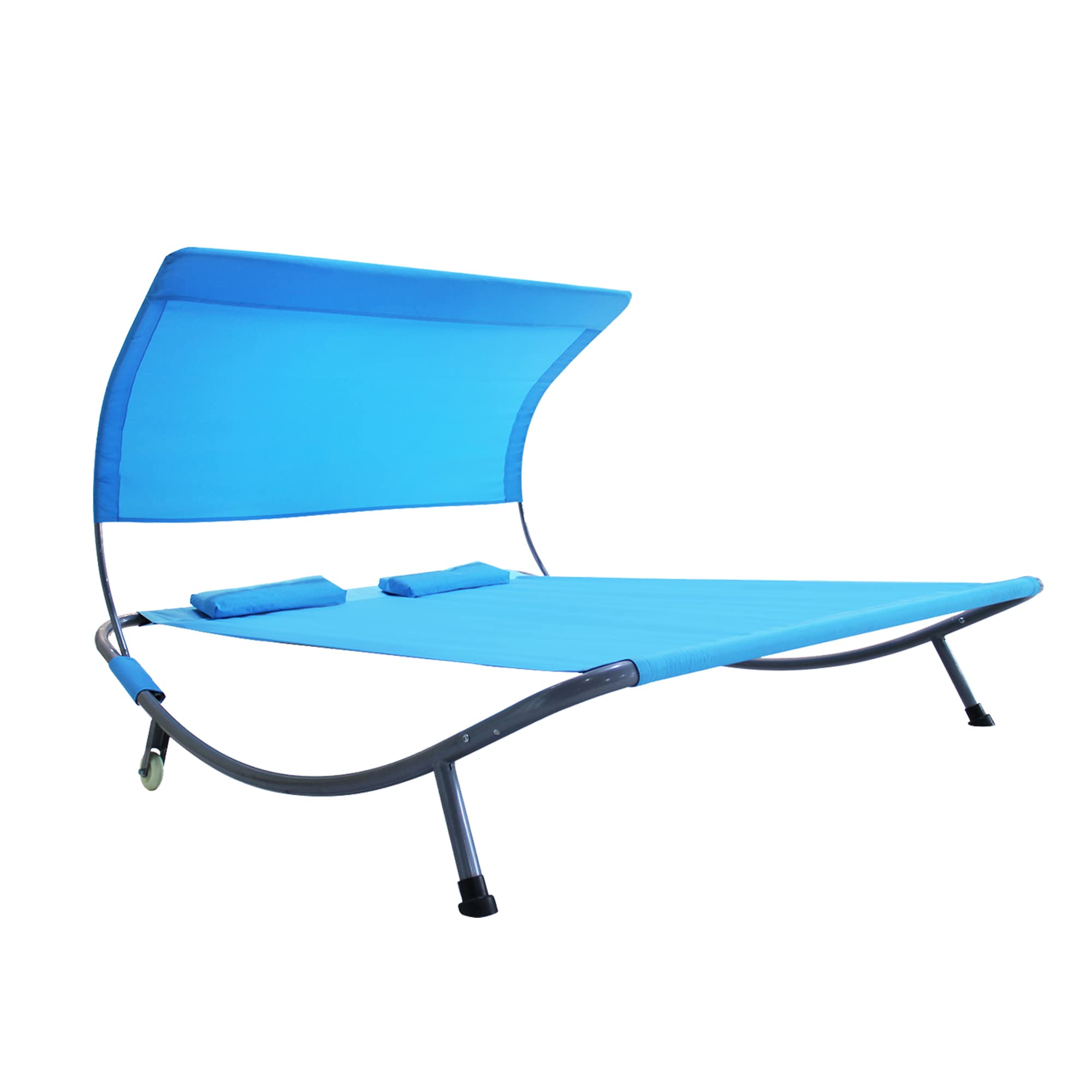 Outdoor Double Chaise Lounge Bed with Canopy & Headrest Pillow, Patio Portable Leisure DayBed Lounge with Portable Wheels for Deck, Indoor, Yard, Poolside, Sun Room (Blue)