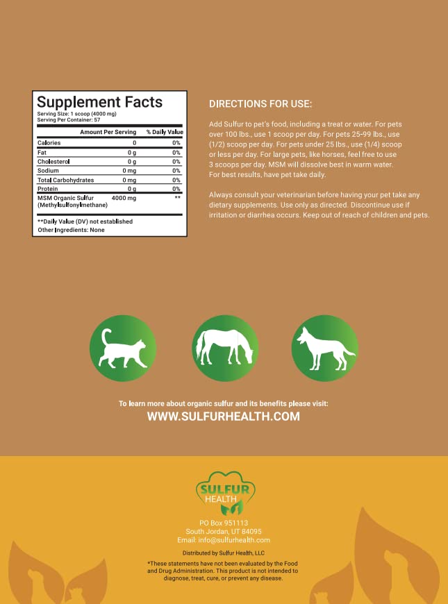 Organic Pet Sulfur - 99.9% Pure MSM Supplement for Pets - Lab-Tested and Certified Pet MSM