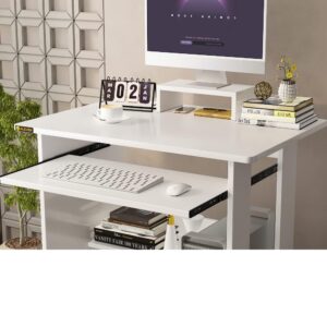 YQ JENMW 29in Computer Desk with Monitor Stand and Keyboard Tray for Small Space, Wood PC Laptop for Bedroom, Writing Table with Shelves for Kids, White