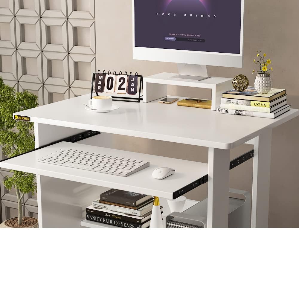 YQ JENMW 29in Computer Desk with Monitor Stand and Keyboard Tray for Small Space, Wood PC Laptop for Bedroom, Writing Table with Shelves for Kids, White