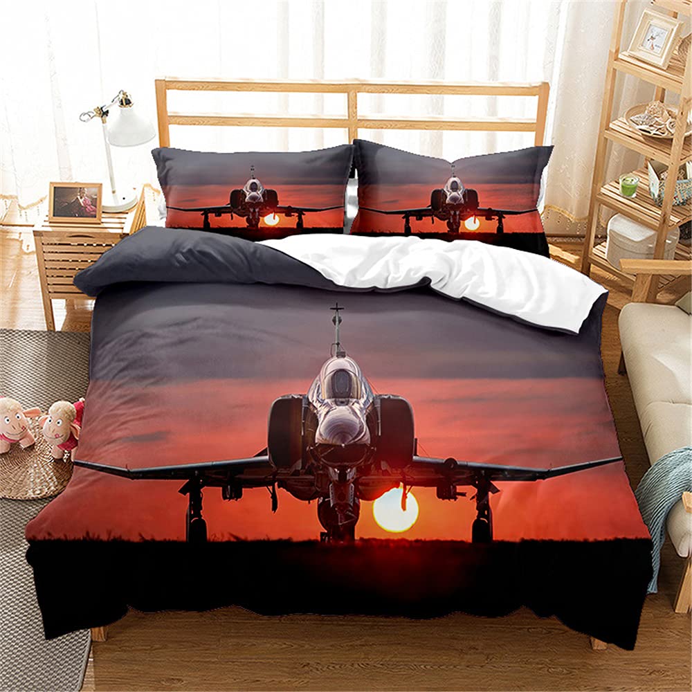 Fighter Jet in Sunset Duvet Cover Twin Size | Army Military Fighter Bedding Set | 2 Piece | Soft Microfiber Patterned Comforter Cover with Zipper Ties & 1 Pillowcase | Bedroom & Room Decor