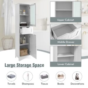 Tangkula 67" Tall Bathroom Storage Cabinet, Slim Freestanding Tower w/ 2 Doors & 1 Drawer, Narrow Floor Cabinet w/Adjustable Shelves & Tempered Glass Door for Bathroom Living Room (White)