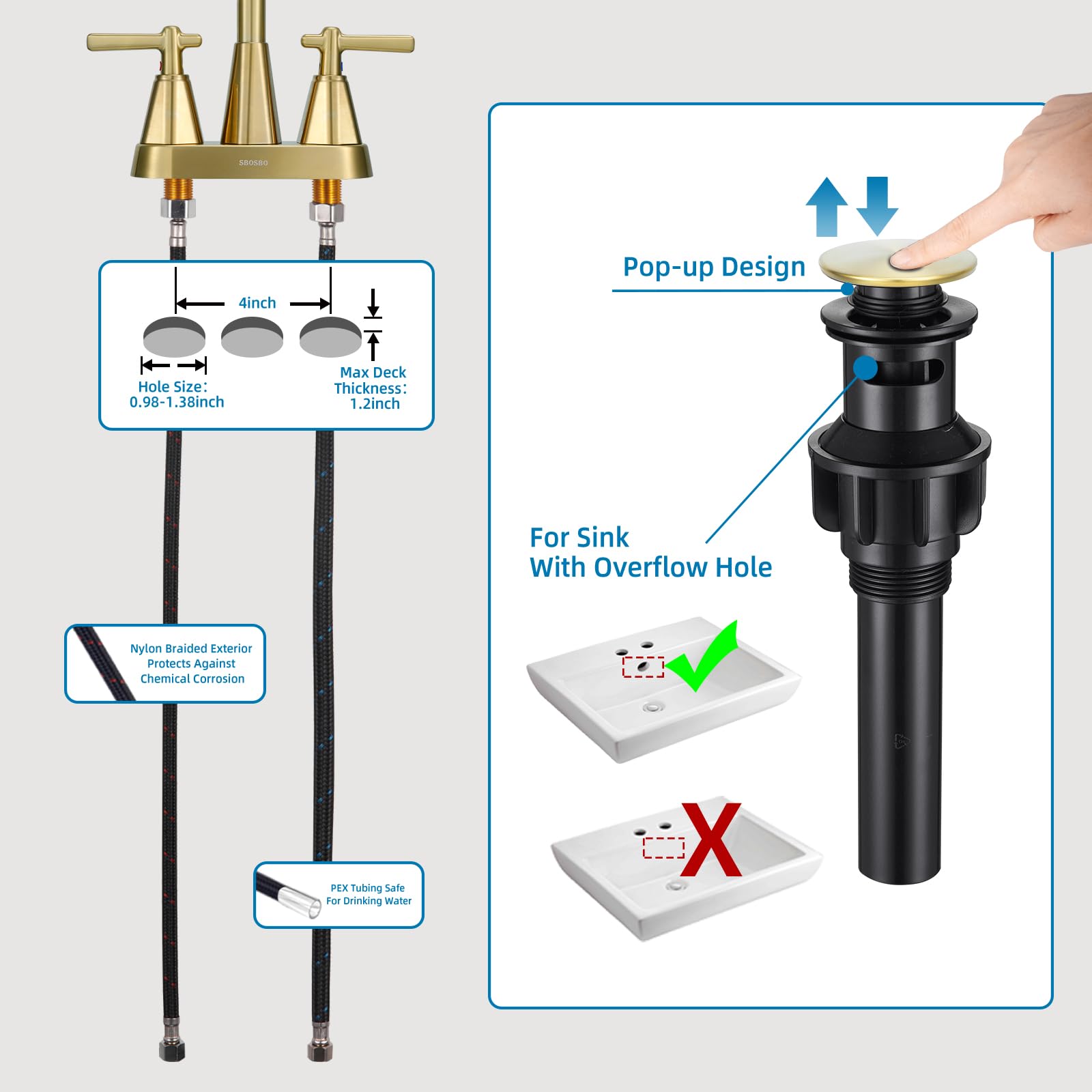 Bathroom Sink Faucet, SBOSBO 4 Inch Bathroom Faucet for Sink 3 Hole, 2 Handle Sink Faucet with Pop Up Drain Assembly and 2 Water Supply Hoses for RV Bathroom Vanity (Brushed Gold)