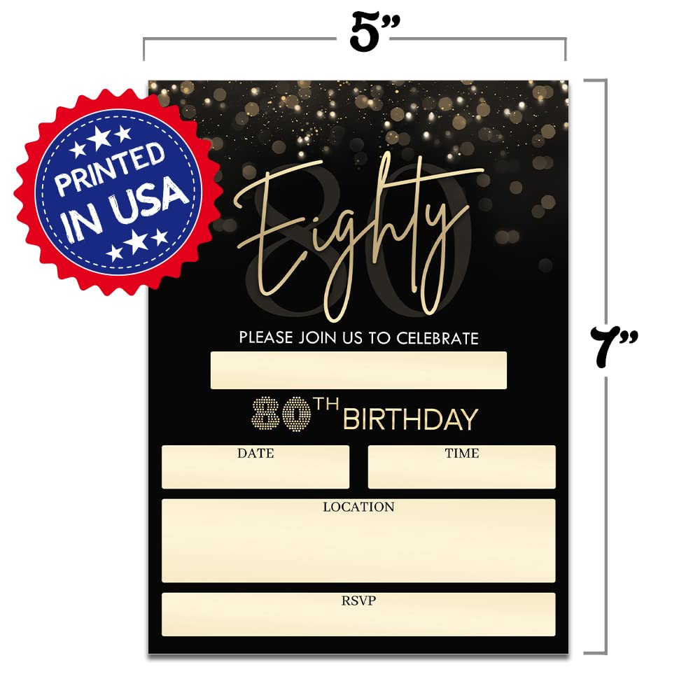 80th Birthday Party Invitations for Women and Men, Black and Gold Eighty Birthday Decoration and Supplies, 20 Fill-In Invites + Envelopes