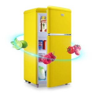 wanai mini fridge dual door refrigerator with freezer 3.5 cu.ft, compact refrigerator with adjustable temperature & removable glass shelves, fridge for apartment/dorm/office/rv, yellow