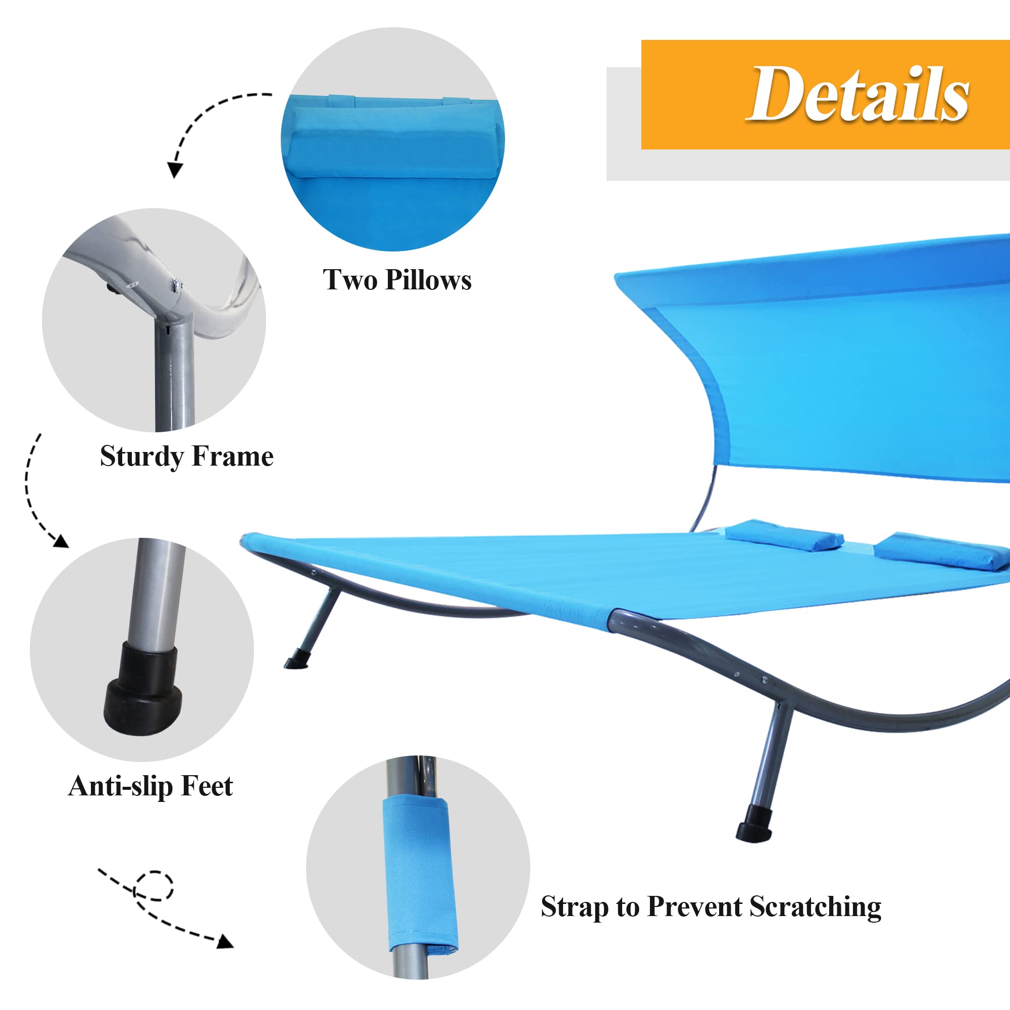 Outdoor Double Chaise Lounge Bed with Canopy & Headrest Pillow, Patio Portable Leisure DayBed Lounge with Portable Wheels for Deck, Indoor, Yard, Poolside, Sun Room (Blue)