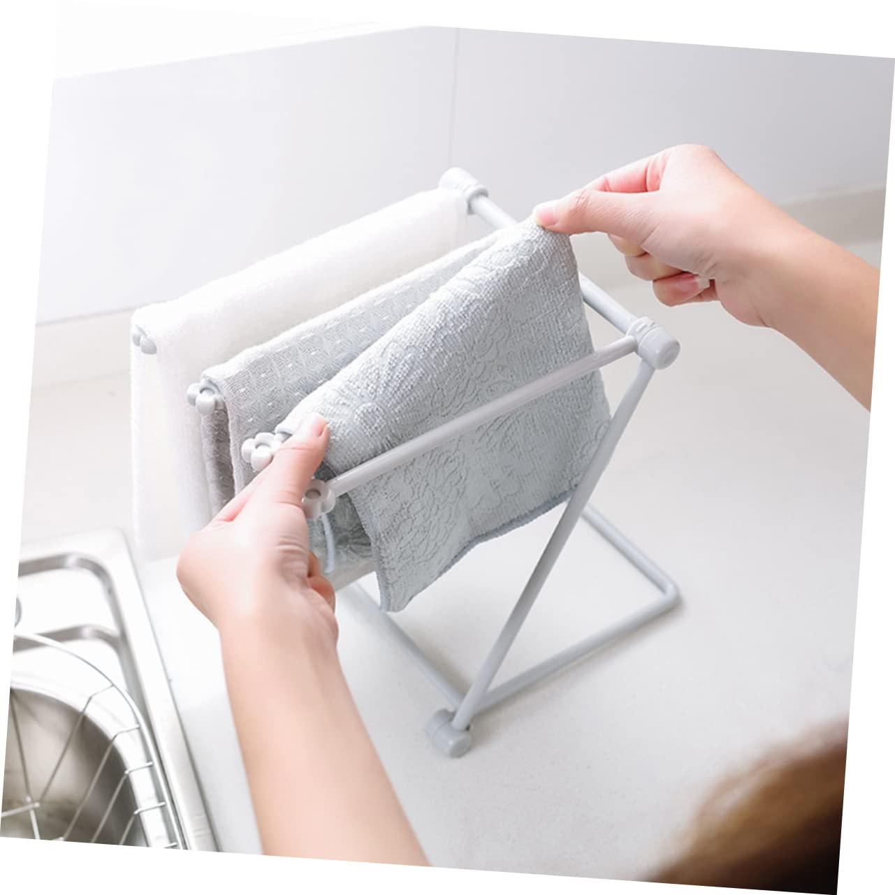 COLLBATH Vertical Foldable Cloth Storage Rack Light Grey Kitchen Countertop Dish Cloth and Towel Holder for Efficient Space Saving Organization