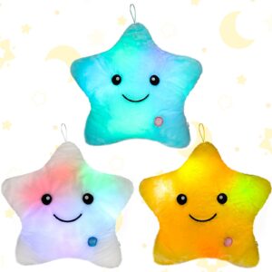 unittype 3 pack star pillows lighted star plush pillows 15.75 inch stuffed cushion decorative throw pillow star shaped pillow blue white yellow star pillow for birthday gifts bedroom room home office