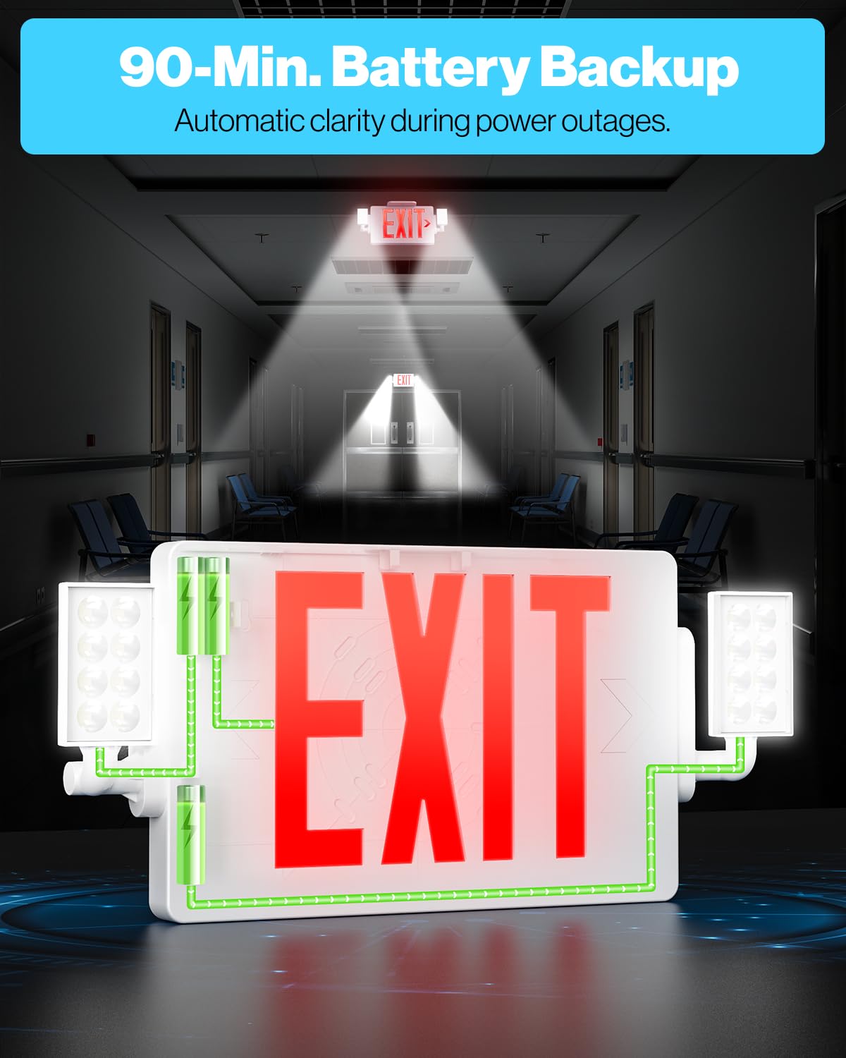 Sunco 12 Pack Red Exit Signs With Emergency Lights, Two Adjustable LED Lights, 94V-0 Fire Resistant, Backup Battery, 120-277V, Wall Or Ceiling Mount, Commercial Grade Double Sided UL