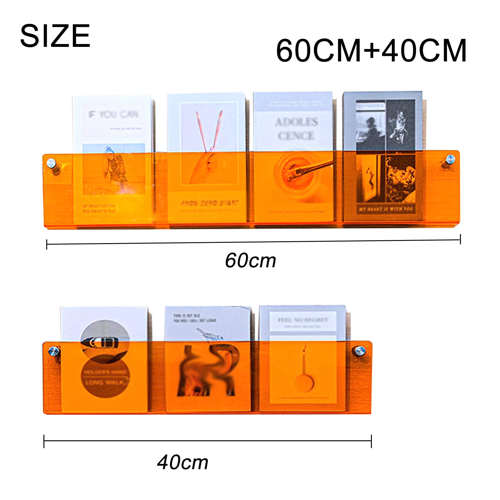 2 Pack Wall Mounted Acrylic Shelves, Floating Acrylic Magazine Storage Shelves, for Office Waiting Room Home Display Bookshelf(40cm+60cm, Orange)