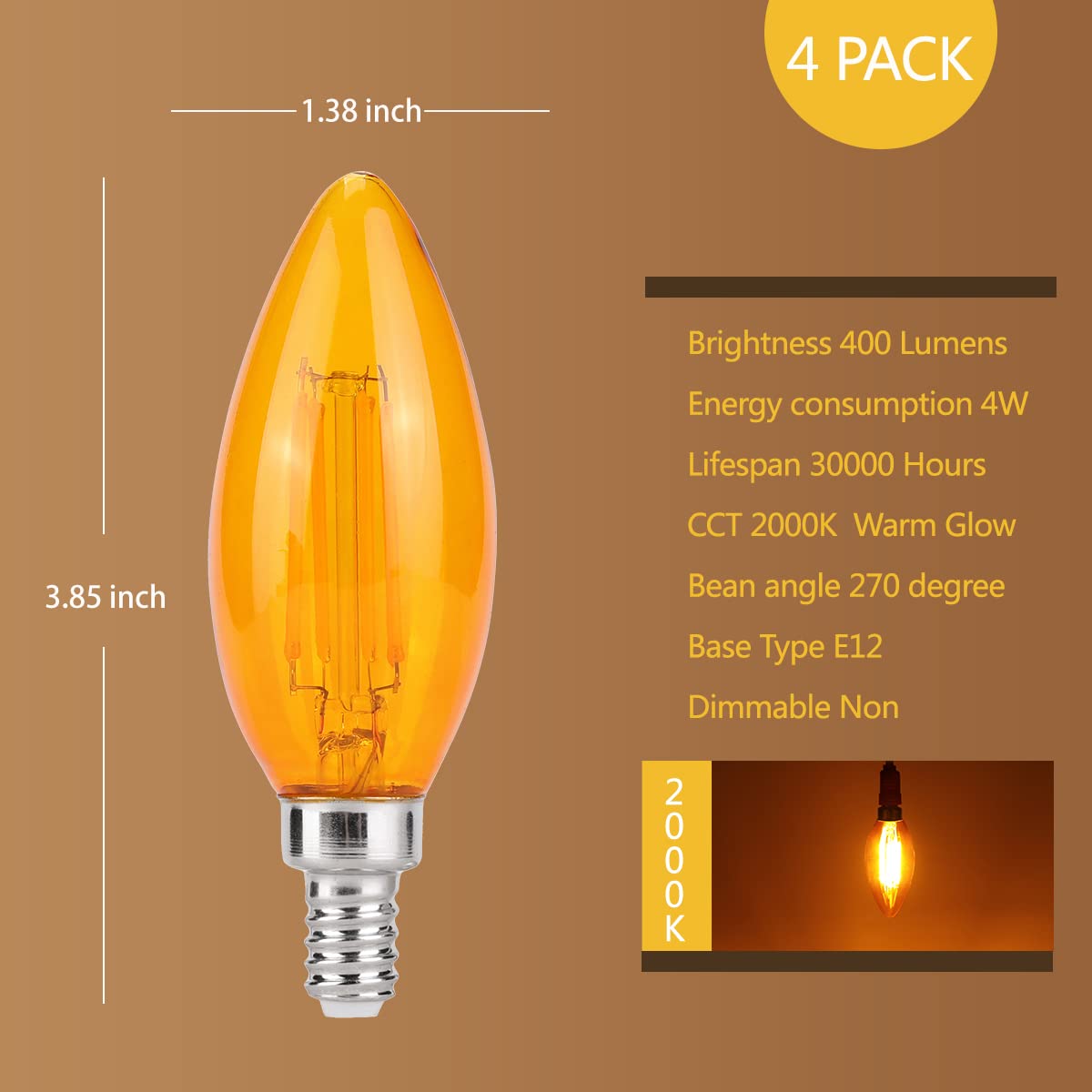 KINUR E12 Small dim Amber LED Edison Light Bulbs, Candelabra Bulb 2000K 4 watt-40 watt Light Bulbs Equivalent, Low watt Soft Warm Light Bulbs for Healthy Sleep and Baby Nursery Light 4 Pack