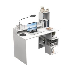 Tangkula White Desk with Storage Bookshelf & Hutch, 48” Modern Home Office Desk with 8 Storage Shelves, Space Saving Writing Study Desk for Bedroom, Compact Computer Workstation for Home