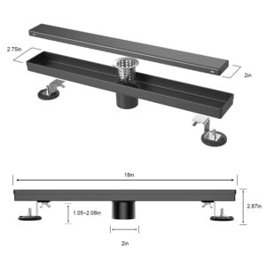 EXF Linear Shower Drain 18 Inch Matte Black with Reversible Flat & Tile Insert Cover, Stainless Steel Rectangle Shower Floor Drain with Hair Catcher, Adjustable Feet