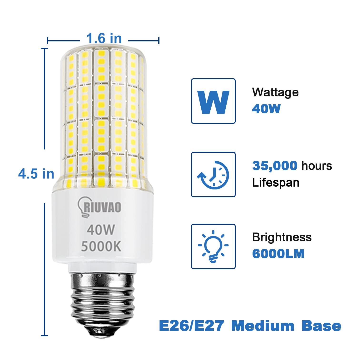 Led Light Bulbs 300W Equivalent Super Bright 5000Lm 5000K Cool Daylight White Led Bulb E26/E27 Medium Base 40w Waterproof Led Corn Light Bulb for Outdoor Indoor Lamp Bedroom Office Garage-2 Pack.