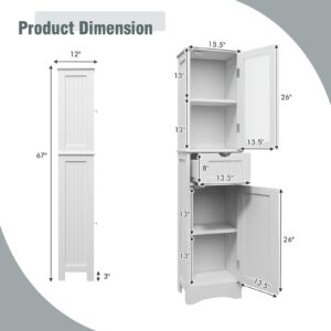 Tangkula 67" Tall Bathroom Storage Cabinet, Slim Freestanding Tower w/ 2 Doors & 1 Drawer, Narrow Floor Cabinet w/Adjustable Shelves & Tempered Glass Door for Bathroom Living Room (White)