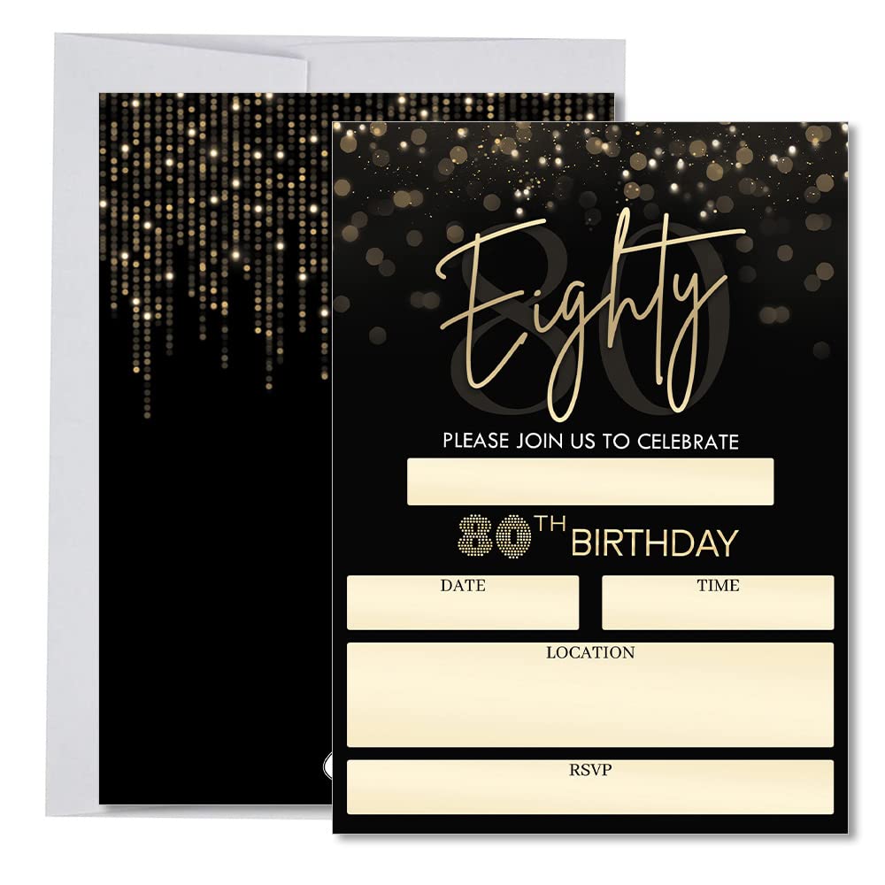 80th Birthday Party Invitations for Women and Men, Black and Gold Eighty Birthday Decoration and Supplies, 20 Fill-In Invites + Envelopes