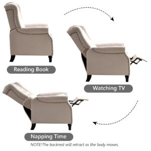 CANMOV Push Back Recliner Chair, Elizabeth Fabric Recliner Armchair with Wing Back, Padded Seat and Nailhead Trim, Tufted, Single Sofa Accent Chair, White