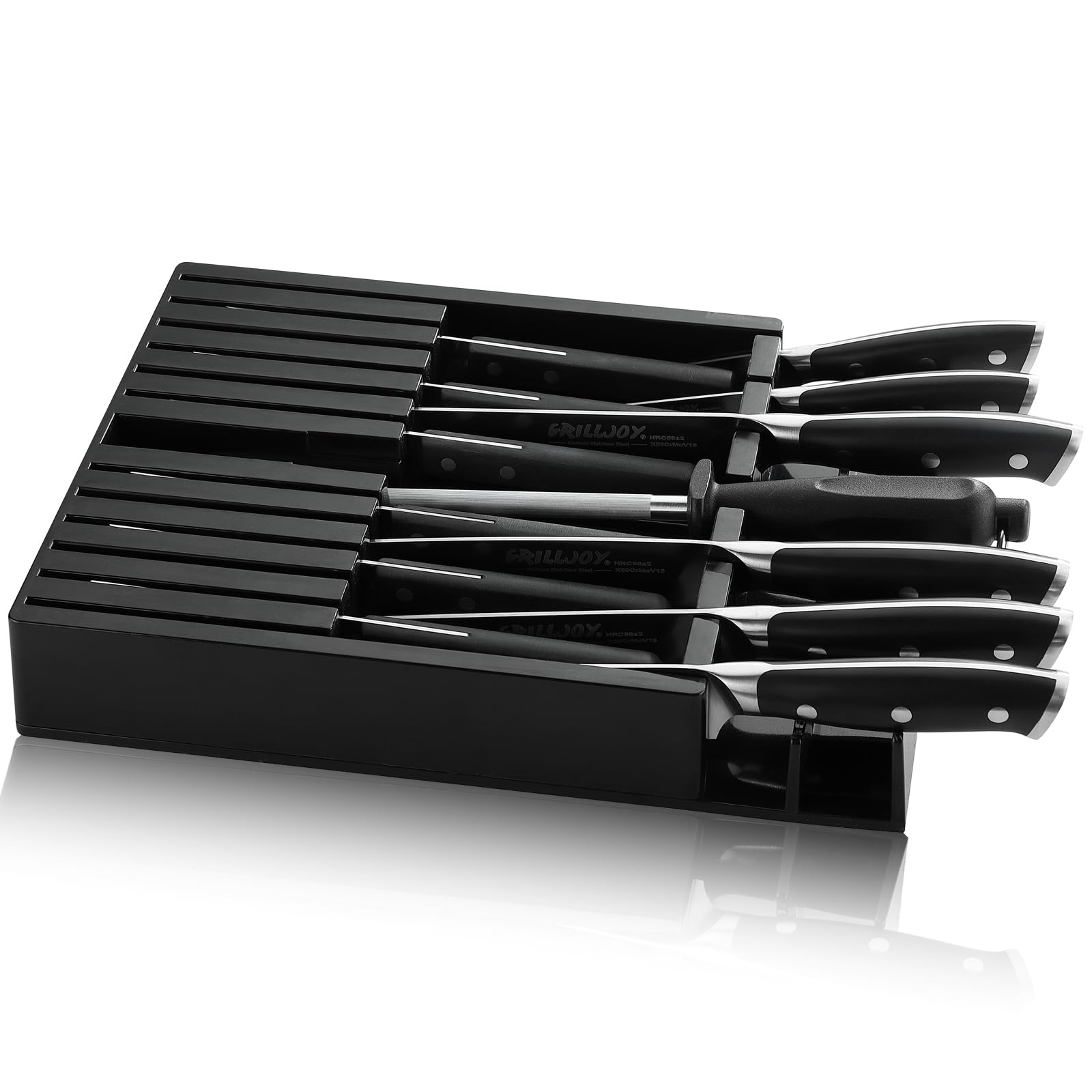 grilljoy 17PCS Premium Knife Set With In-drawer Knife Block, High Carbon Stainless Steel Cutlery Knife Block Set, Versatile Chef Knife Set for Daily Kitchen Use, Black