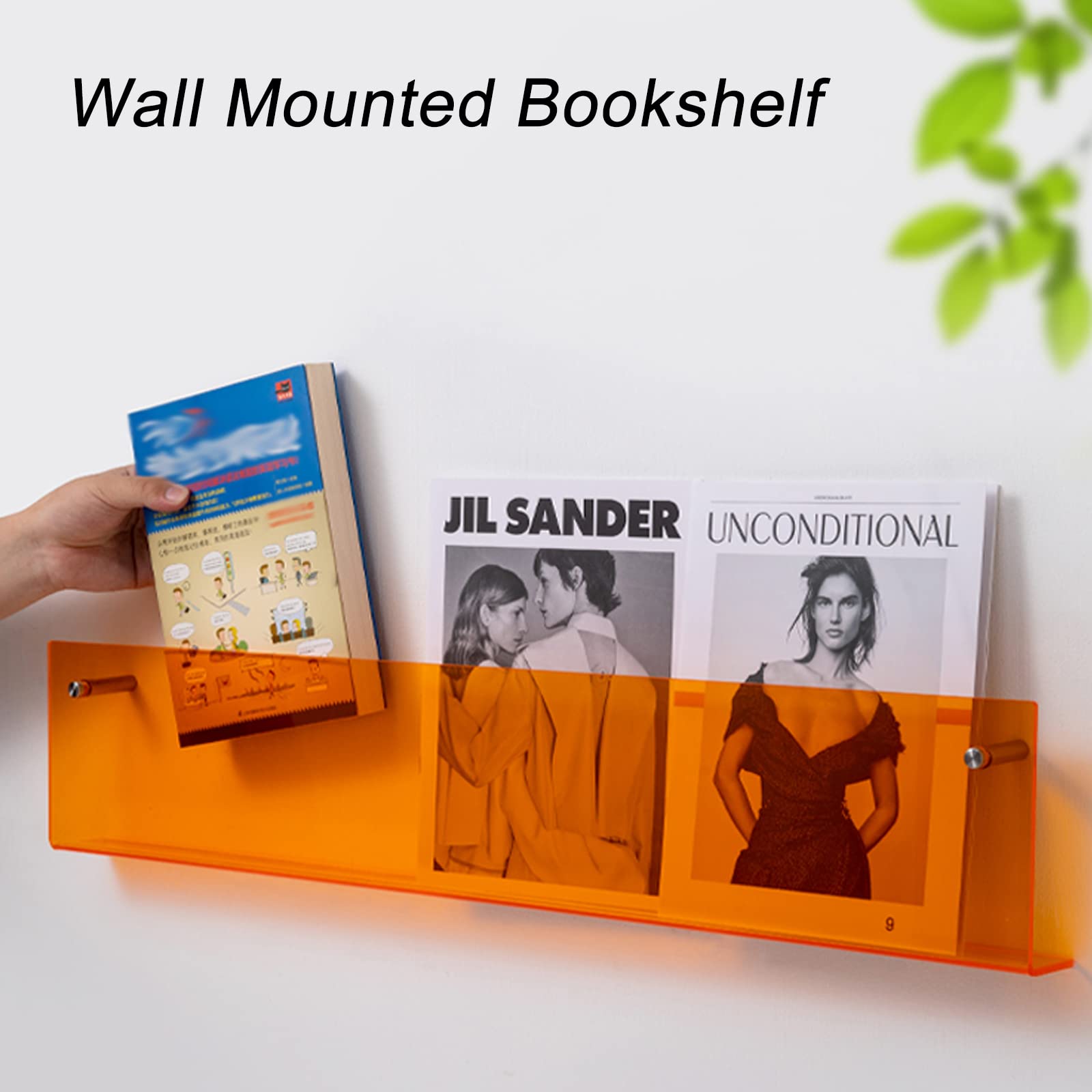 2 Pack Wall Mounted Acrylic Shelves, Floating Acrylic Magazine Storage Shelves, for Office Waiting Room Home Display Bookshelf(40cm+60cm, Orange)