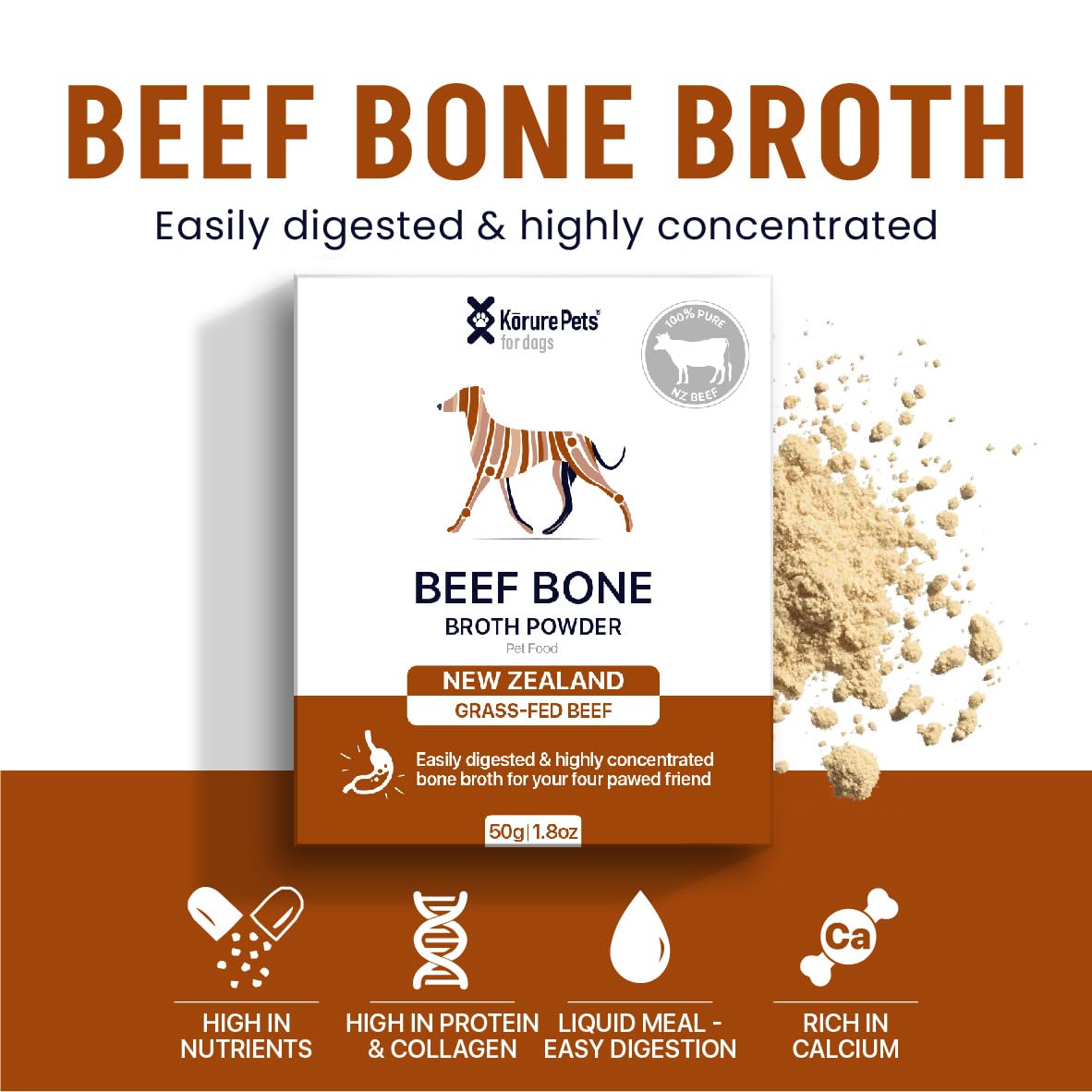 Kōrure Pets Beef Bone Broth Powder - All-Natural Dog Supplement for Bone Health and Digestion