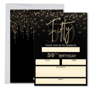 50th birthday party invitations for women and men, black and gold fiftieth birthday decoration and supplies, 20 fill-in invites + envelopes