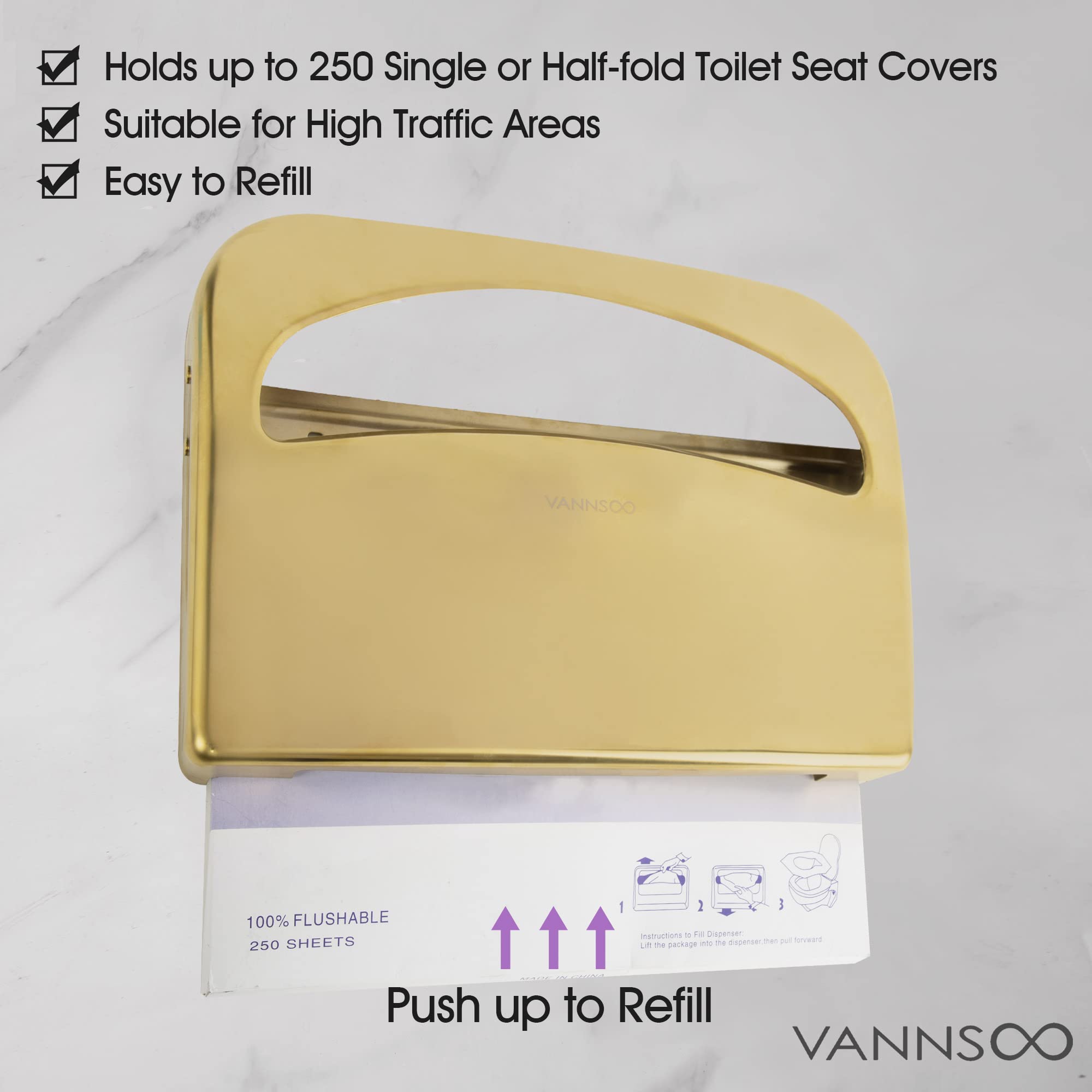 VANNSOO Toilet Seat Cover Dispenser - Stainless Steel Wall Mount Toilet Seat Cover Holder for Commercial Bathroom, 250 Single or Half Fold Seat Covers Capacity (Gold)