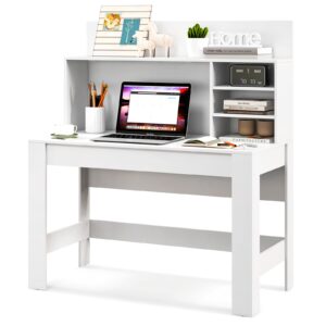 tangkula white desk with hutch, home office desk with bookshelf, writing study desk with anti-toppling device & cable hole, modern computer workstation pc laptop desk for small space, bedroom