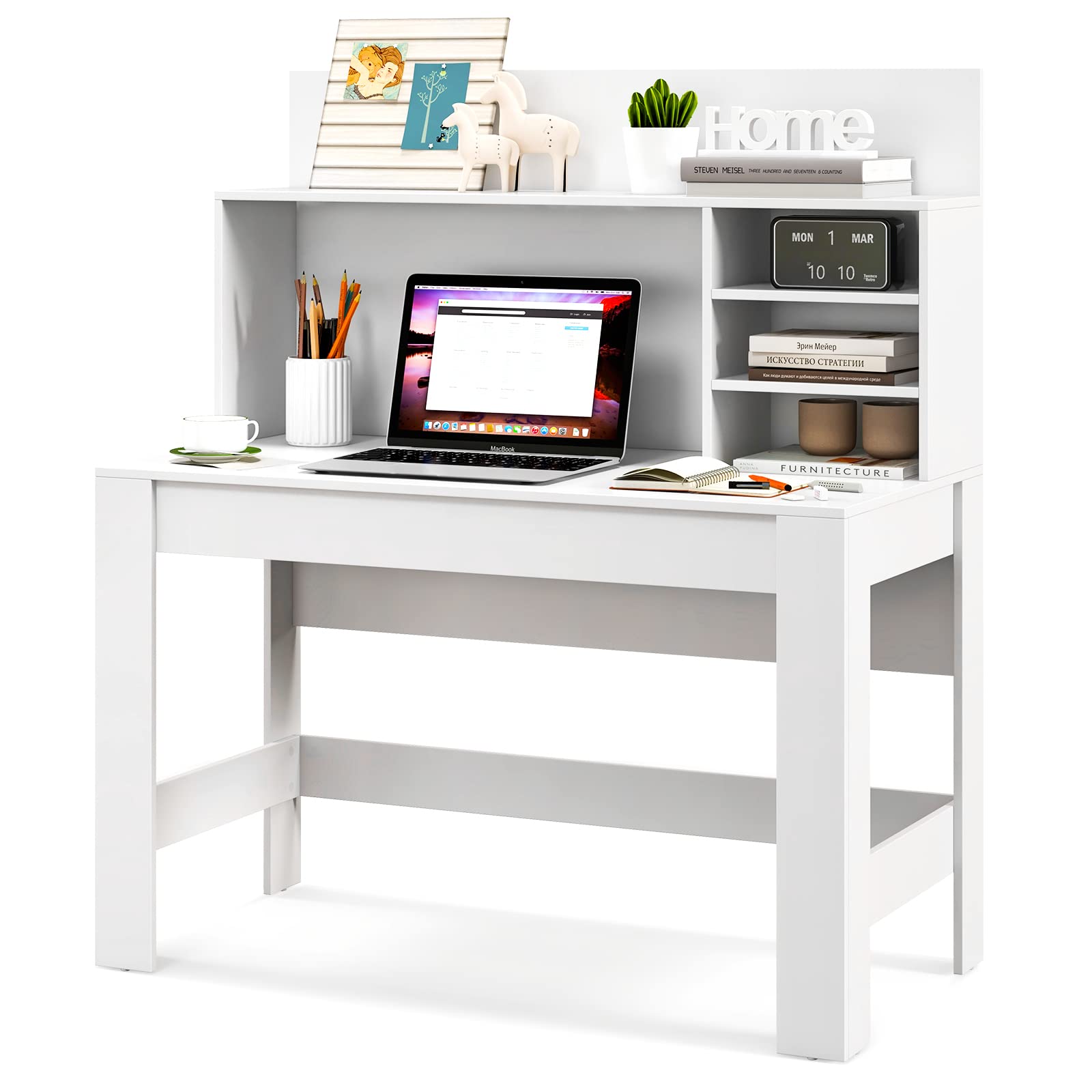 Tangkula White Desk with Hutch, Home Office Desk with Bookshelf, Writing Study Desk with Anti-Toppling Device & Cable Hole, Modern Computer Workstation PC Laptop Desk for Small Space, Bedroom