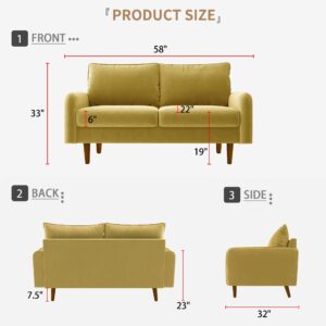 Meeyar 58''W Velvet Loveseat Sofa, Mid-Century Modern Love Seat Couch, Comfy Couches for Living Room, Small Loveseat for Small Spaces, 2 Cushion Couch for Bedroom Apartment Home Office, Goldenrod