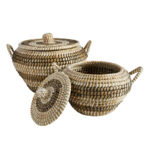 47th & Main Round Wicker Motika Storage Baskets with Lids Seagrass Basket, Set of 2, Patterned