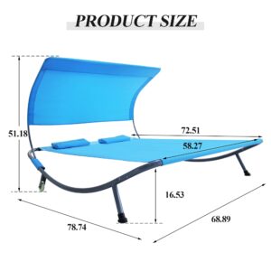 Outdoor Double Chaise Lounge Bed with Canopy & Headrest Pillow, Patio Portable Leisure DayBed Lounge with Portable Wheels for Deck, Indoor, Yard, Poolside, Sun Room (Blue)