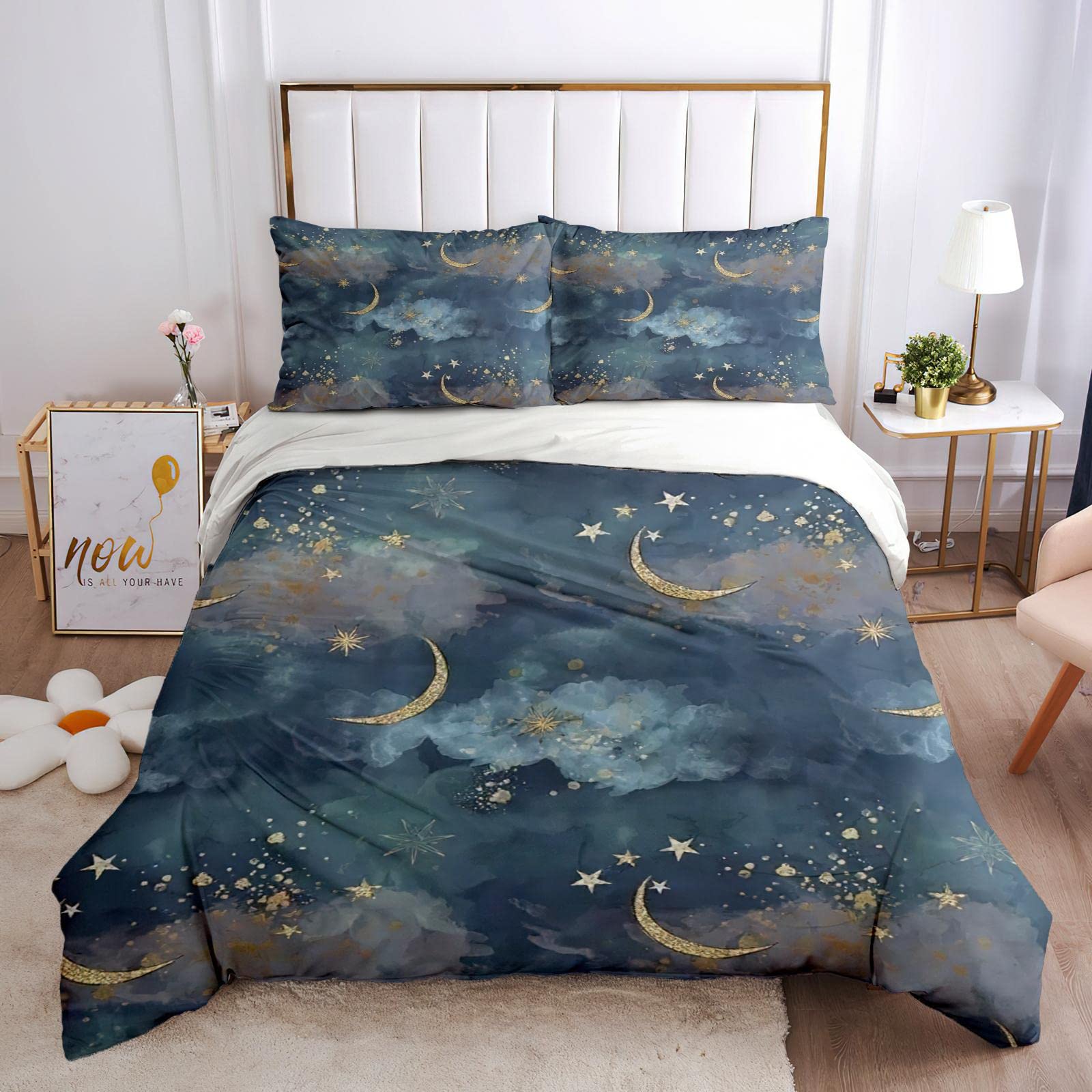 STRELEC Star Moon Cloud Print Bedding Sets 3 Pieces, Modern Fashion Decor Comforter Cover, Soft Lightweight Washed Duvet Cover with Zipper Closure and 2 Pillow Shams for All Seasons (King 104" X 90")