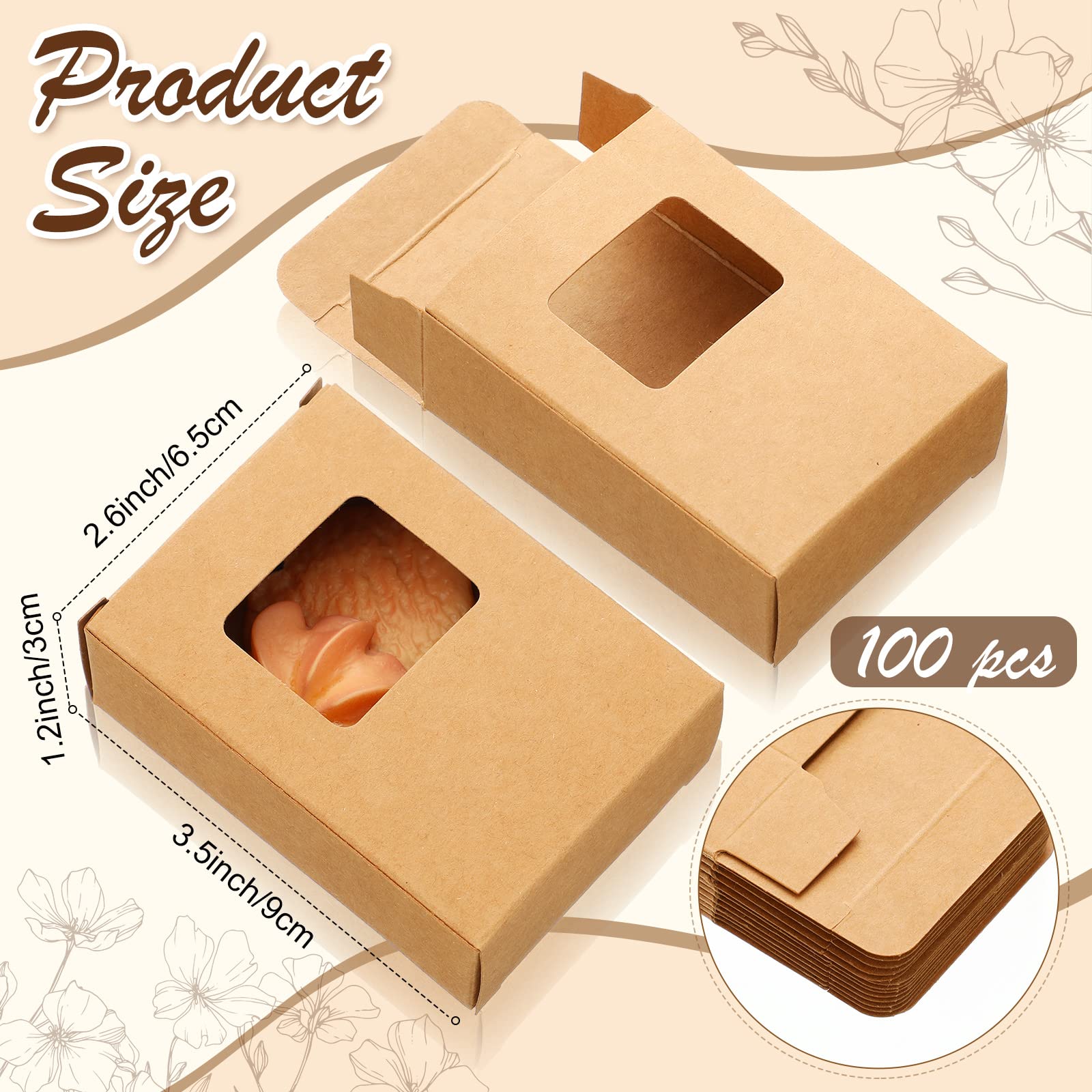 Outus 100 Pcs Soap Packaging Boxes with Window Mini Kraft Paper Boxes Bulk Treat Favor Boxes Rectangle Gift Soap Boxes for Homemade Soap Making Cookies Candy Prese, 3.5 x 2.6 x 1.2 Inch(Brown)