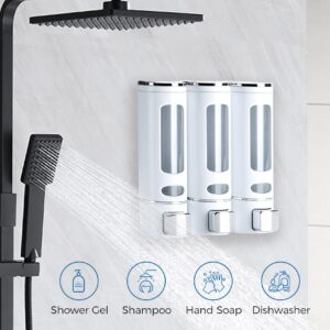 Nellyke Shampoo Dispensers for Shower Wall Mounted Soap Dispenser 3 Chambers Conditioner Body Wash Dispenser Set Clear with Glue(or Wall Mounted by Screws)，3 Chambers，White