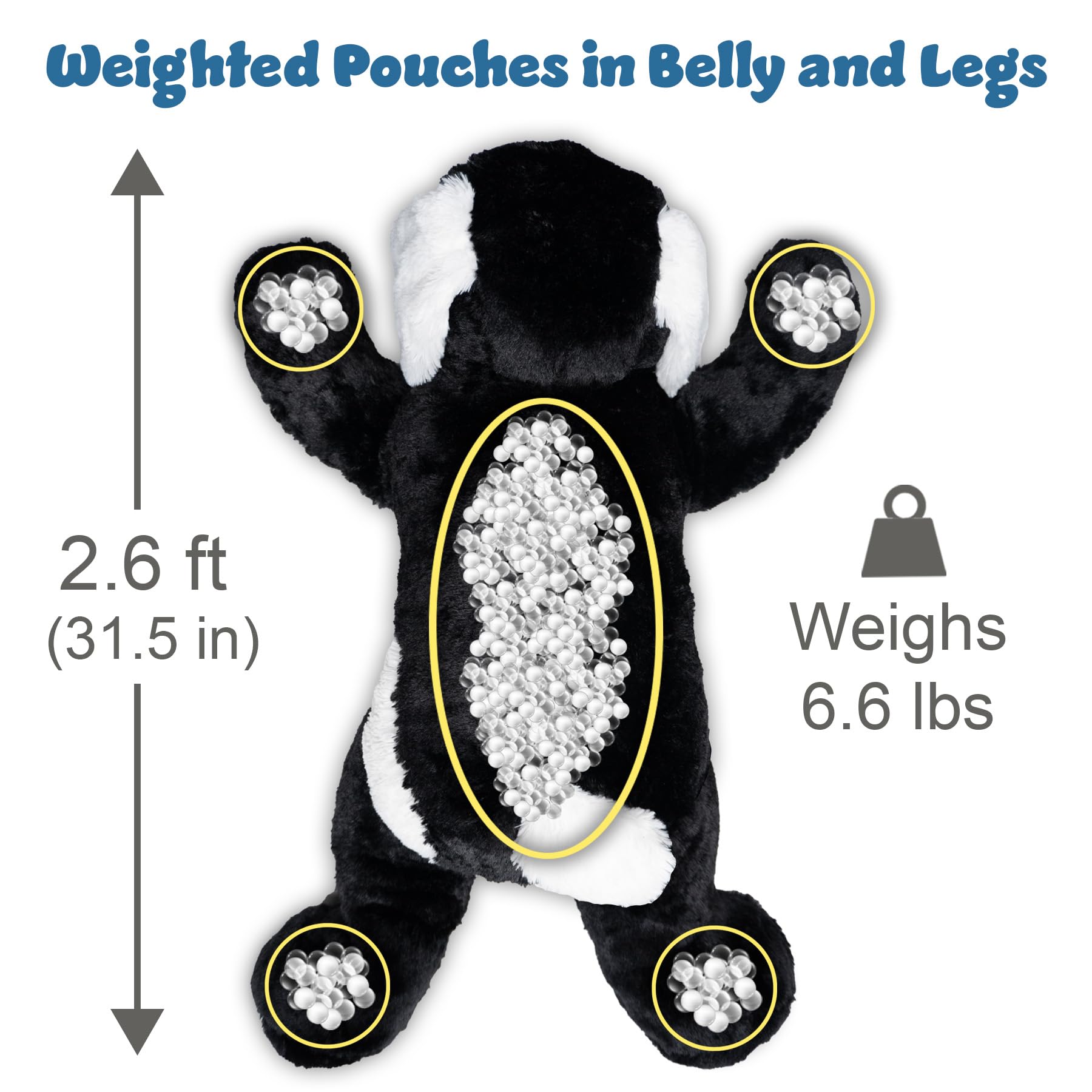 Weighted Stuffed Animal – 6.6 Pounds | Extra Large 31.5 Inches Long | Plush Body Pillow | Black and White Dog | Weighted Animal for Calming – Relaxation – Sensory Comfort