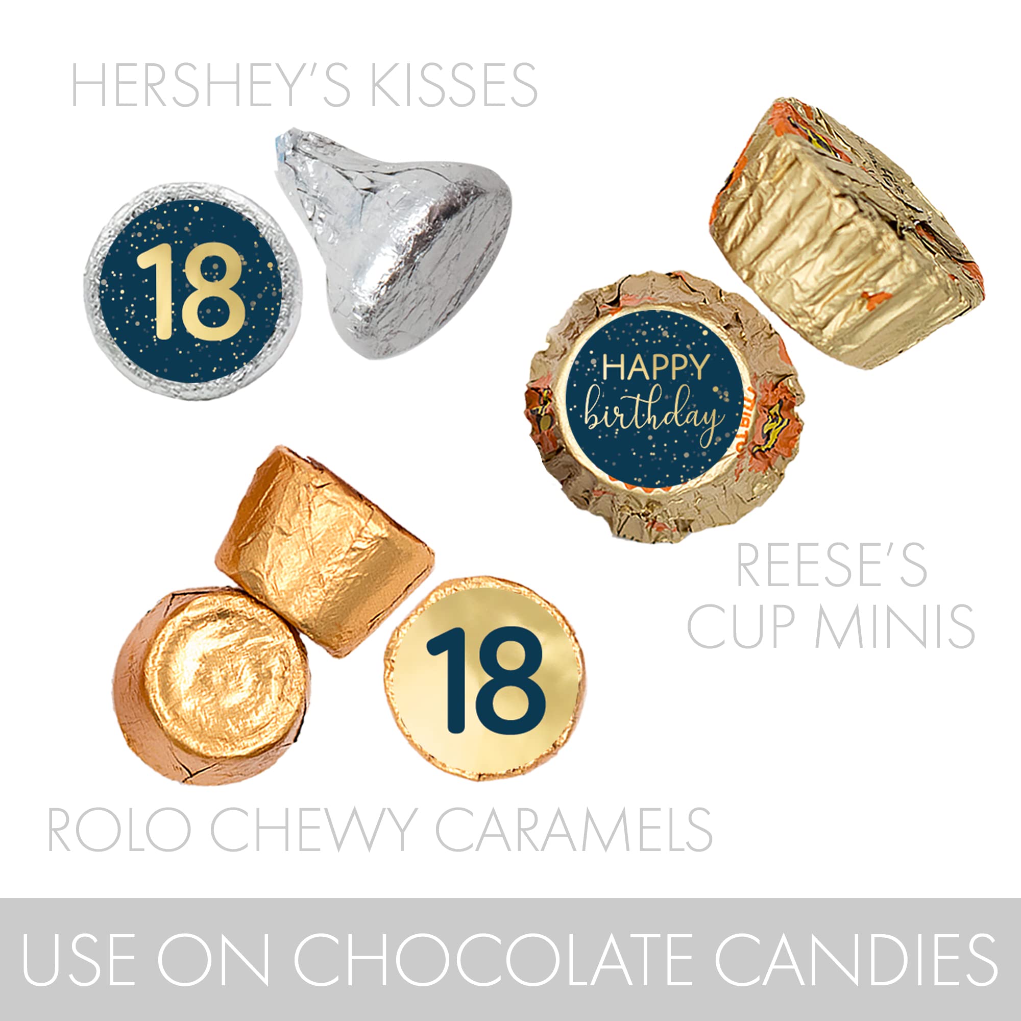 Navy Blue and Gold 18th Party Favor Chocolate Kisses Candy Stickers - 180 Count, 18th Birthday Decorations