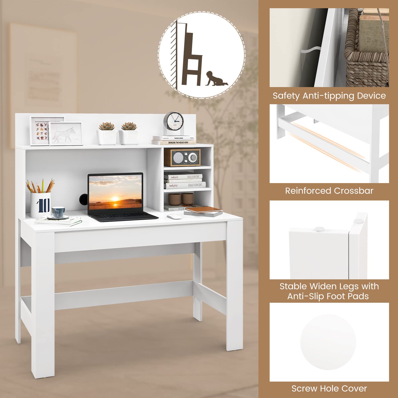 Tangkula White Desk with Hutch, Home Office Desk with Bookshelf, Writing Study Desk with Anti-Toppling Device & Cable Hole, Modern Computer Workstation PC Laptop Desk for Small Space, Bedroom