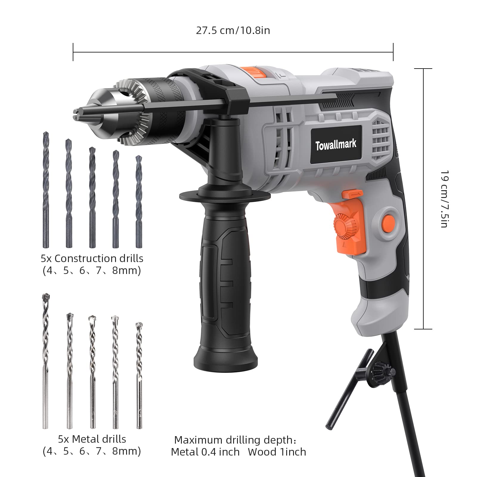 7-Amp Hammer Drill, Towallmark 1/2-Inch Electric Hammer Drill with 3000RPM, Variable Speed, 10 Drill Bits for Home Improvement, DIY, Masonry, Wood