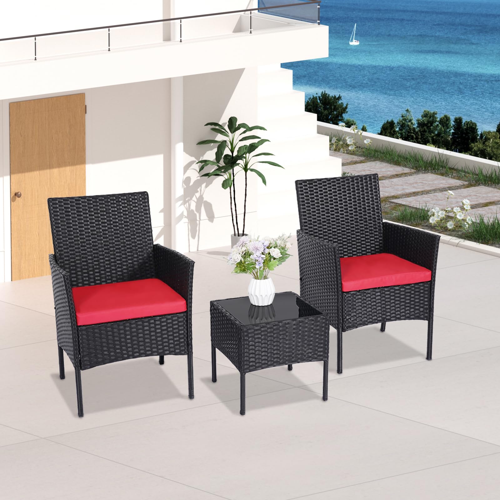 PAIQIAN Patio Set 3 Piece Outdoor Rattan Porch Furniture with Tempered Glass Side Table & Cushion All Weather Conversation Bistro Set for Balcony,Deck,Porch (Black/Red)