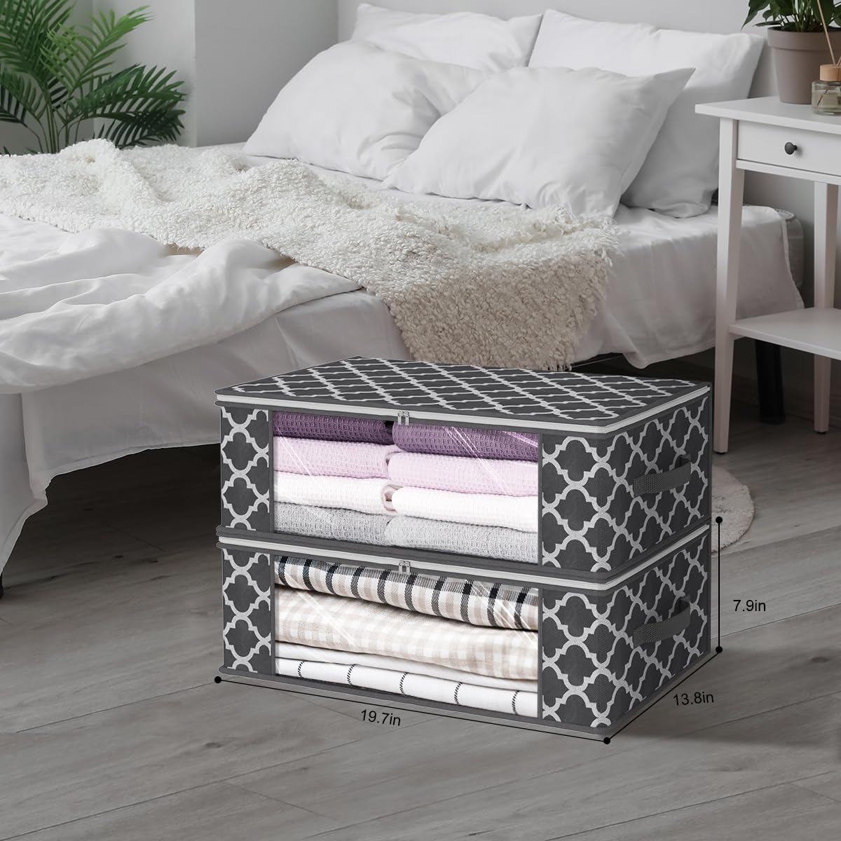 Fixwal Storage 4 Pack, Clothes Organizer Storage Bags, Foldable Storage Box with Large Clear, Foldable Comforter, Sheet Storage, Reinforced Handle, Sturdy Zippers, Clear, Blankets, 35L, Grey Pattern