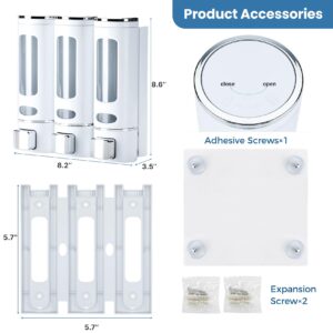 Nellyke Shampoo Dispensers for Shower Wall Mounted Soap Dispenser 3 Chambers Conditioner Body Wash Dispenser Set Clear with Glue(or Wall Mounted by Screws)，3 Chambers，White