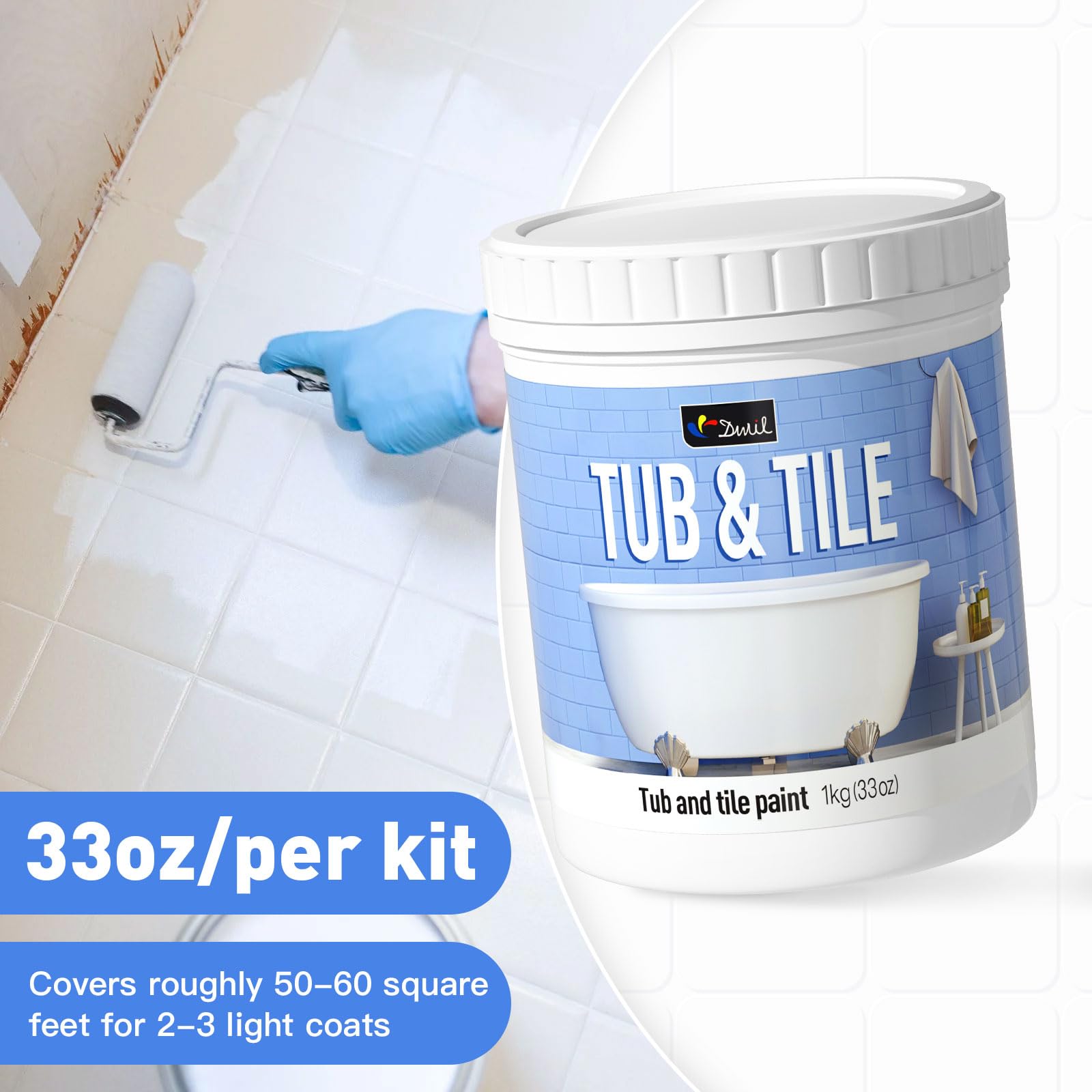 DWIL Tub Paint, Tub and Tile Refinishing Kit 35oz with Tools, Tub Refinishing Kit White Bathtub Paint Water Based &Low Odor, Easy to Use Sink Paint for Bathroom Kitchen, Semi-Gloss White, 50-55sq.ft