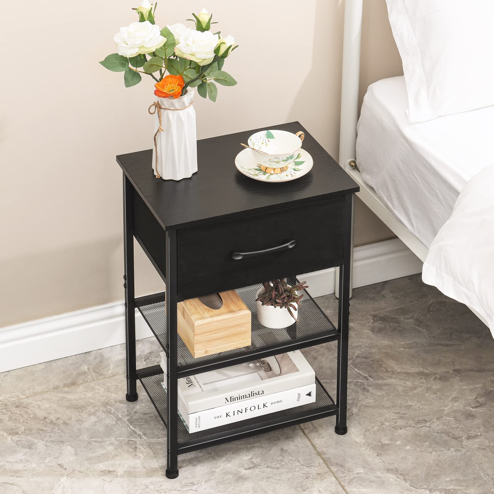 LAKEMID Nightstands Set of 2 with Drawer, Bedside Table End Table with 2 Layers Metal Shelf for Bedroom Sofa Couch (Black)