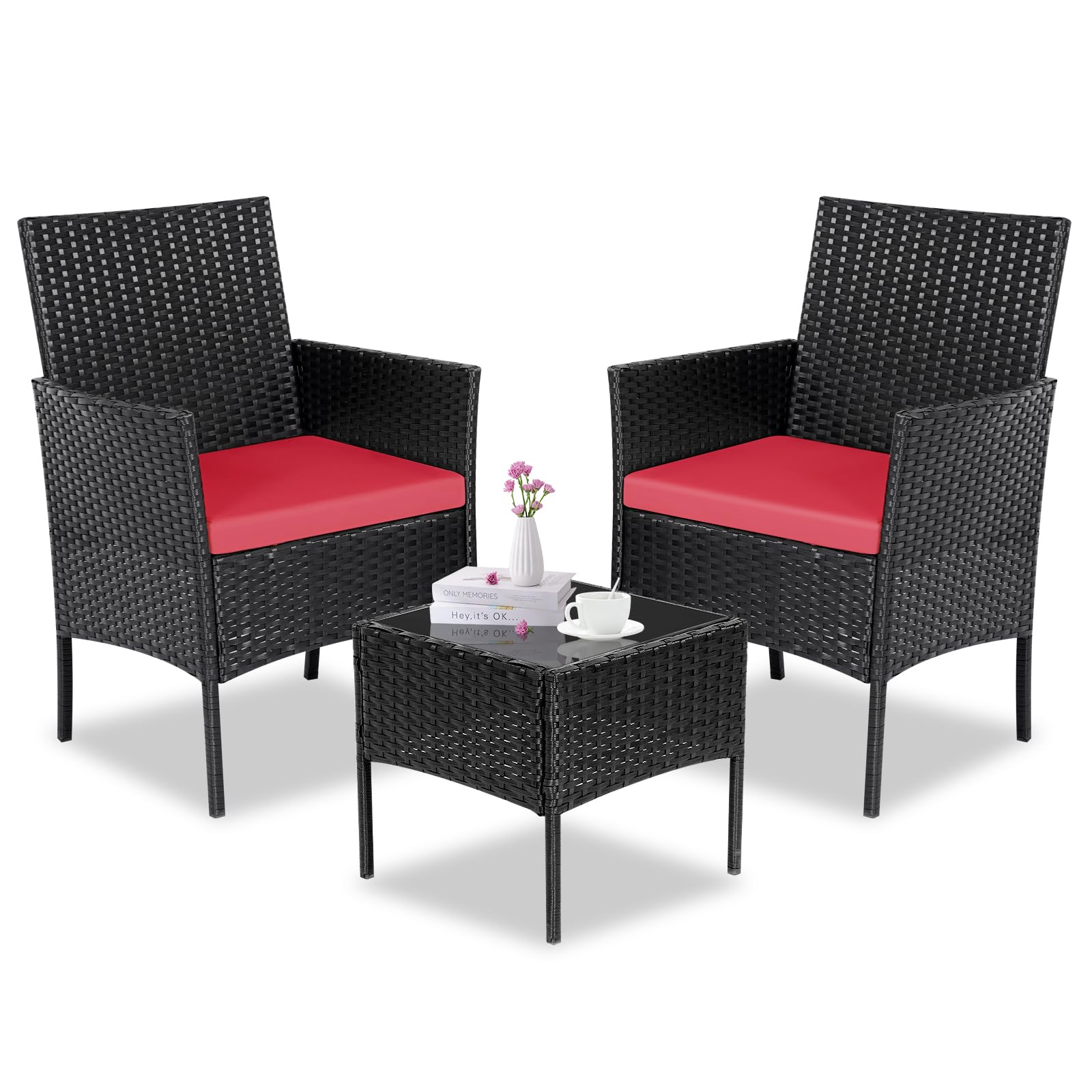 PAIQIAN Patio Set 3 Piece Outdoor Rattan Porch Furniture with Tempered Glass Side Table & Cushion All Weather Conversation Bistro Set for Balcony,Deck,Porch (Black/Red)