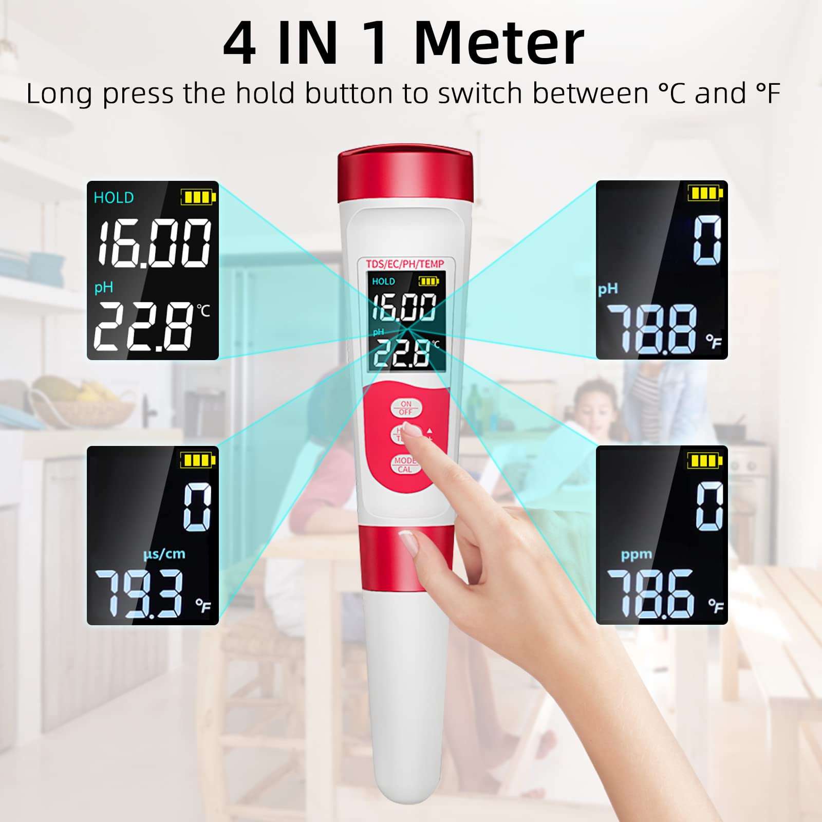 PH Meter, Digital 4 in 1 PH EC TDS Temp Meter for Water Hydroponics, Waterproof DWC PH and EC PPM Water Tester with Backlit for Nutrients Growing, Indoor Garden, Home Brewing, Pool, Aquarium.