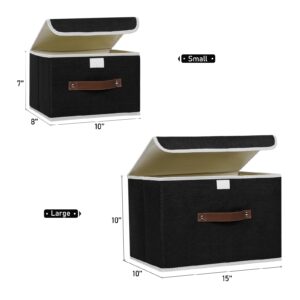 LaMorée Storage Bins with Lids Decorative Storage Boxes with PU Leather Handle 1 Pack Collapsible Closet Storage Basket Cotton Linen Basket Fabric Storage Cubes 10.2" Lx7.9 Wx6.7 H, Black